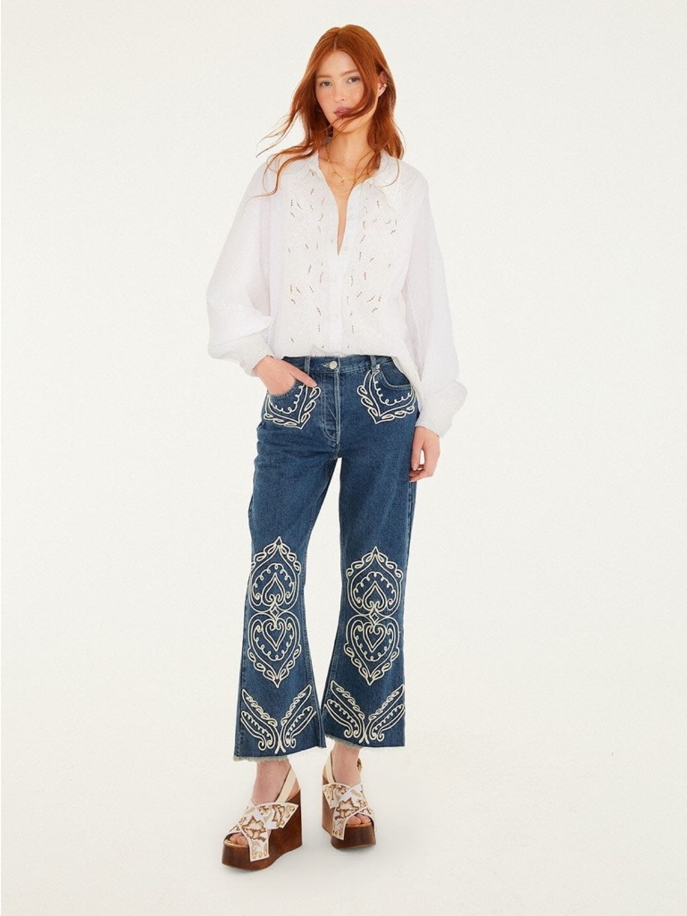Farm Rio Off-White Embroidered Lace Buttoned Smocked Cuff Shirt - Picture 7 of 9